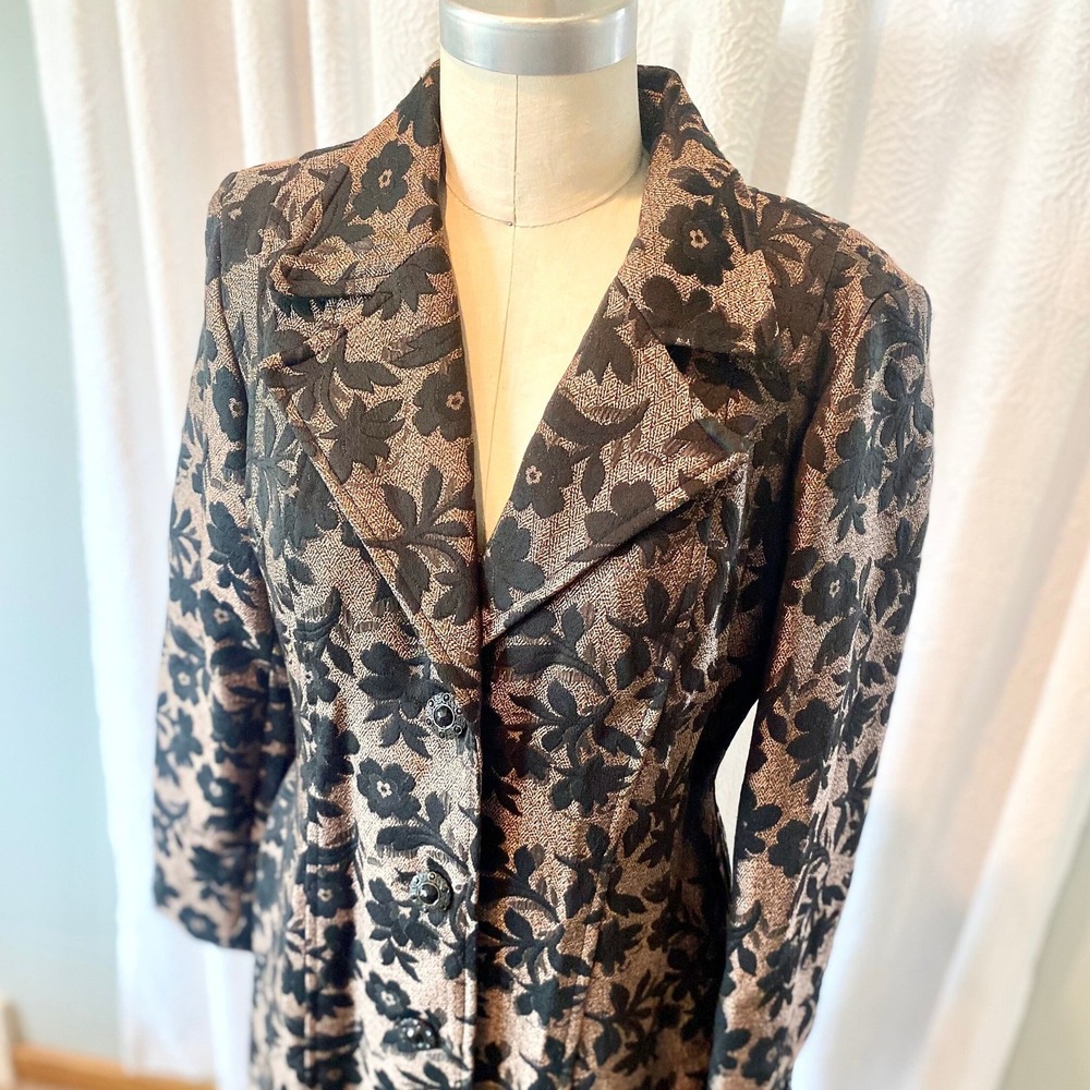 Vintage Brocade Trench Coat, Black Copper Metallic Floral, Size 12 - Picture 4 of 11